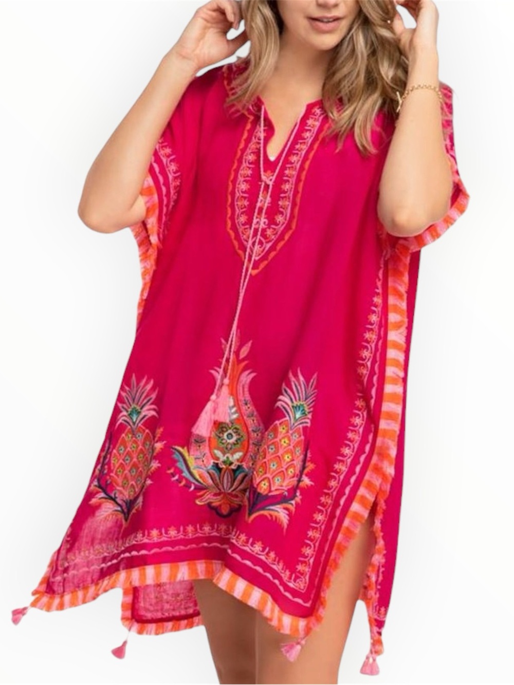 NWT Spartina 449 Kaftan Beach Cover Up Pineapple Embroidered Resort Fuchsia Pink